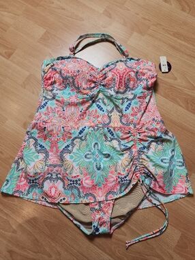 NWT Cacique Drawstring Swim Dress Built-In No-Wire Bra Vibrant Paisley 2X 20